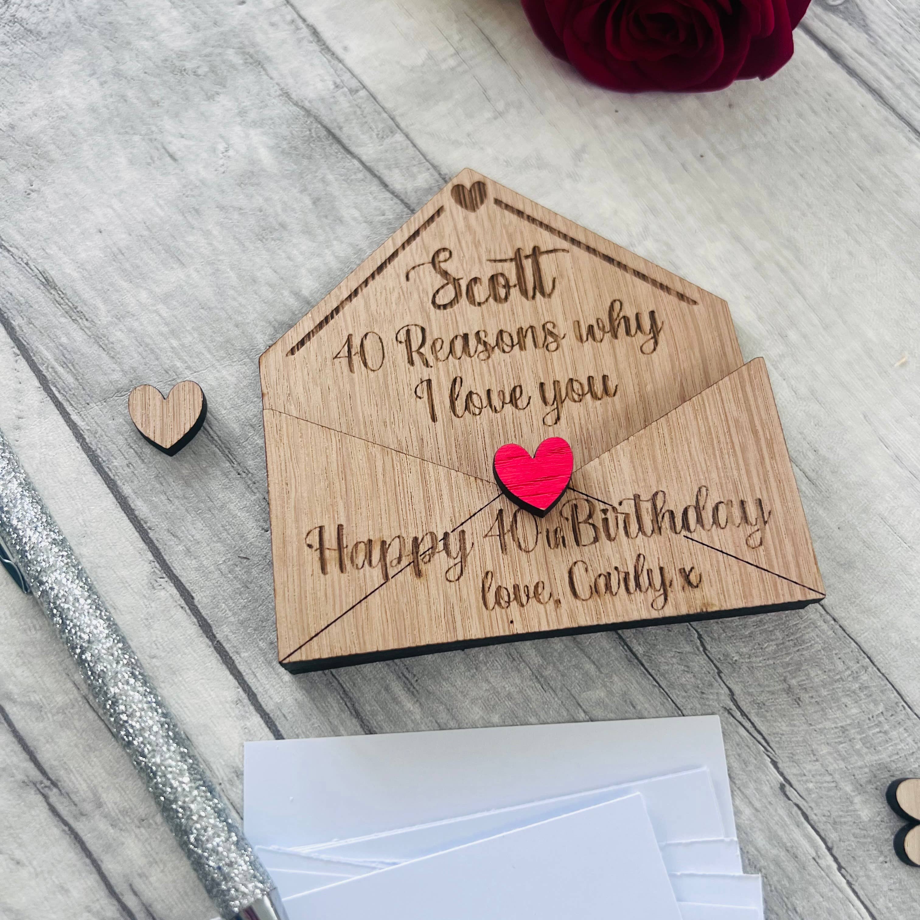 Personalised 40th Birthday Gift - Reasons Why I Love You Box - Custom Engraved Wooden Tokens for Him or Her